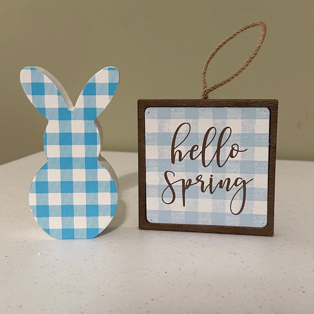Small HELLO SPRING wood sign AND Easter Bunny Buffalo plaid spring tiered tray